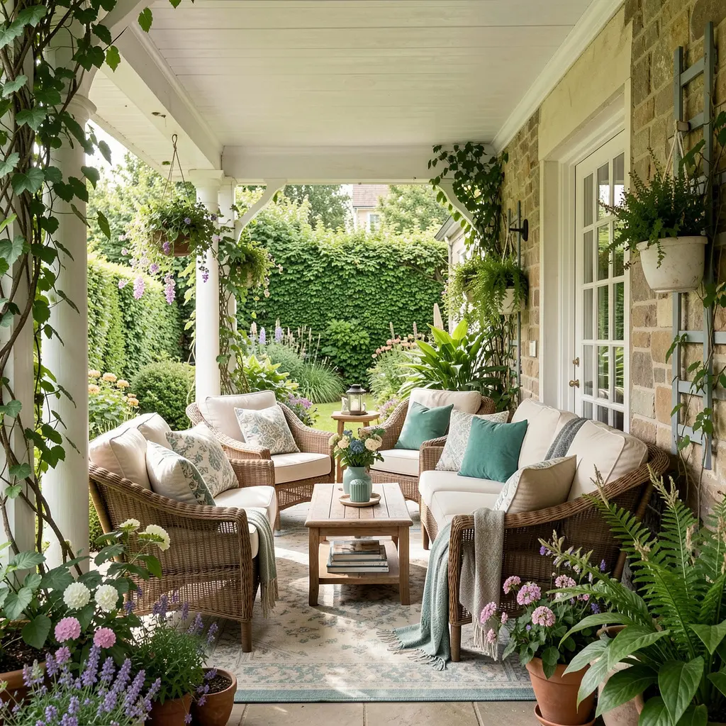 Beautifully styled veranda with comfortable seating and greenery