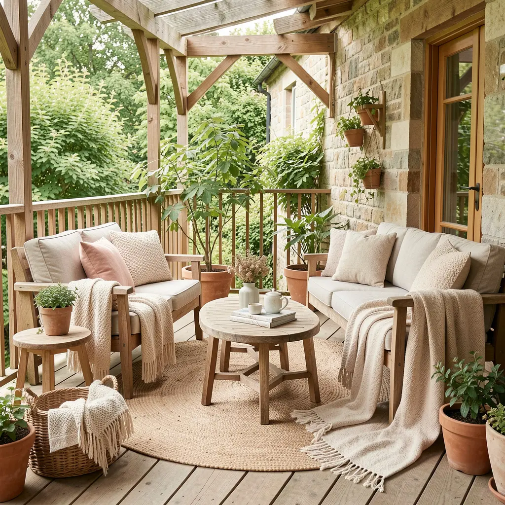 Cozy veranda setting with natural wood furniture and soft textiles