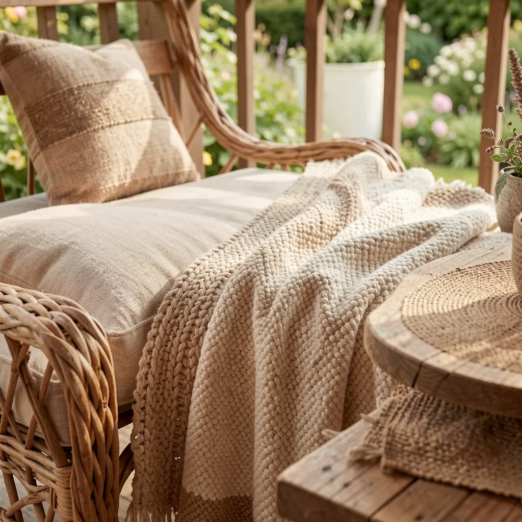 Close-up of natural wood and textile materials used in veranda styling