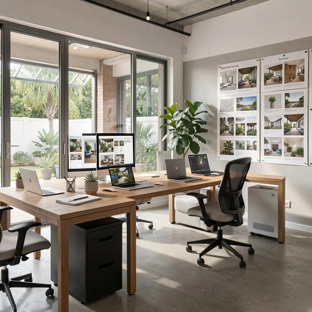Team workspace with veranda design samples and mood boards